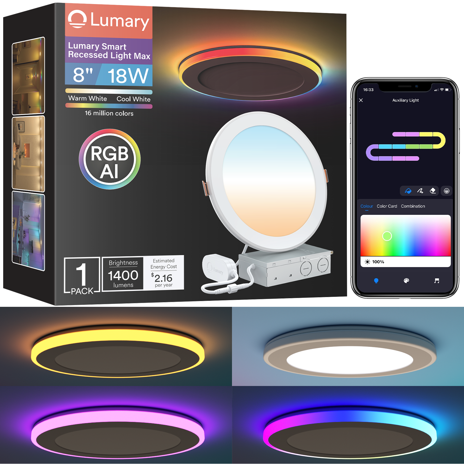 Luz empotrable Lumary Smart RGBAI con luz nocturna auxiliar degradada