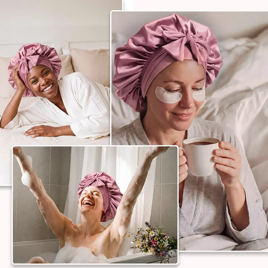 Gorro de satén para dormir Lovocross – Lazo ajustable, ala ancha, para todo tipo de cabello