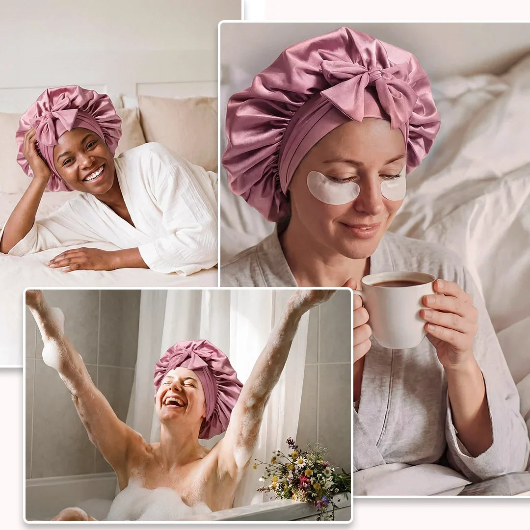 Gorro de satén para dormir Lovocross – Lazo ajustable, ala ancha, para todo tipo de cabello