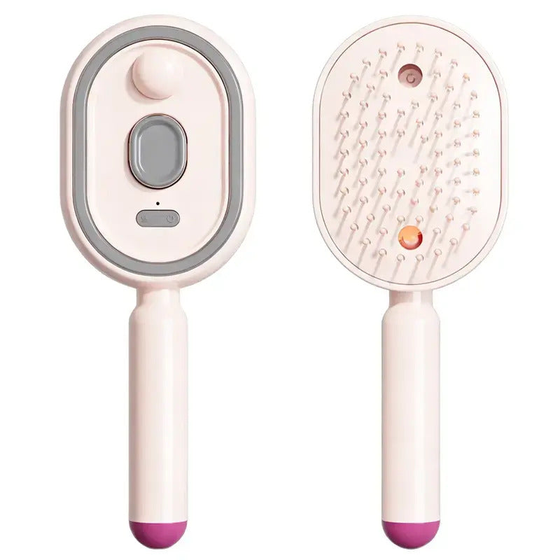 3-in-1 Scalp Spa Comb in pink purple - front and back view showing retractable comb teeth and red light