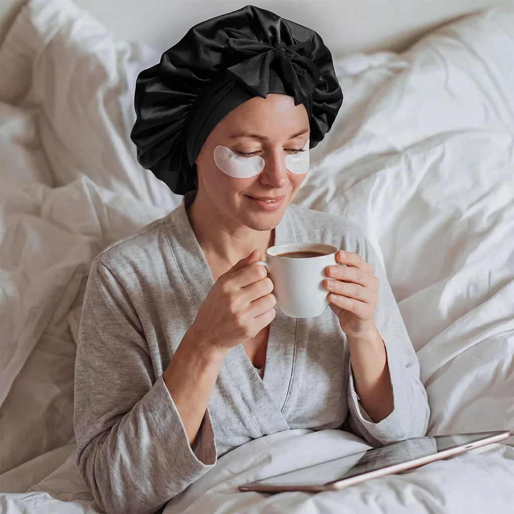 Gorro de satén para dormir Lovocross – Lazo ajustable, ala ancha, para todo tipo de cabello