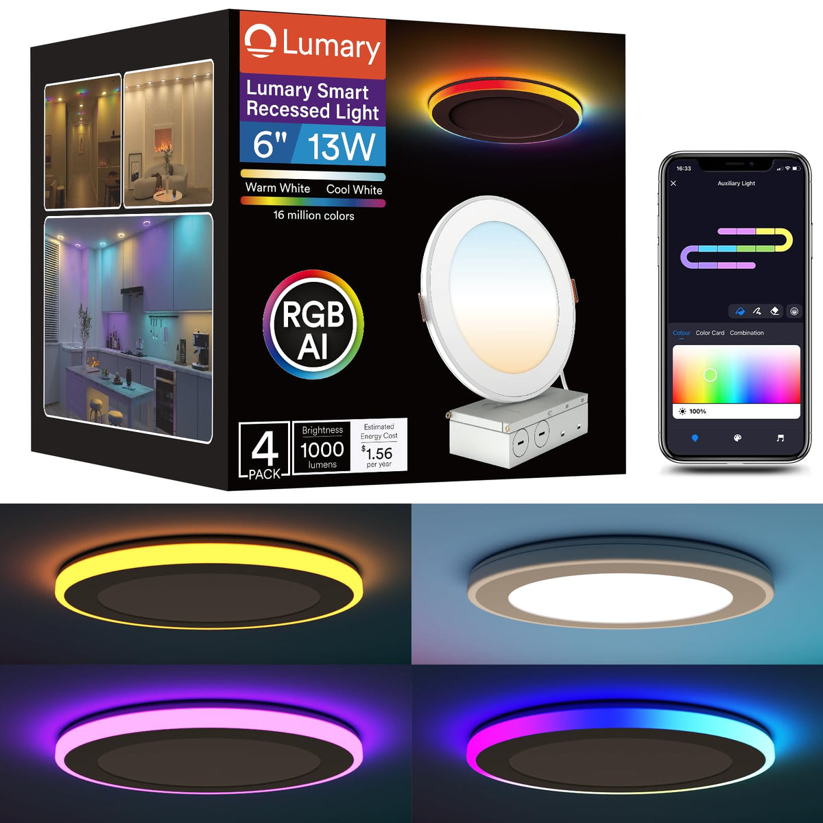 Lumary RGBAI recessed light packaging showcasing color modes and features