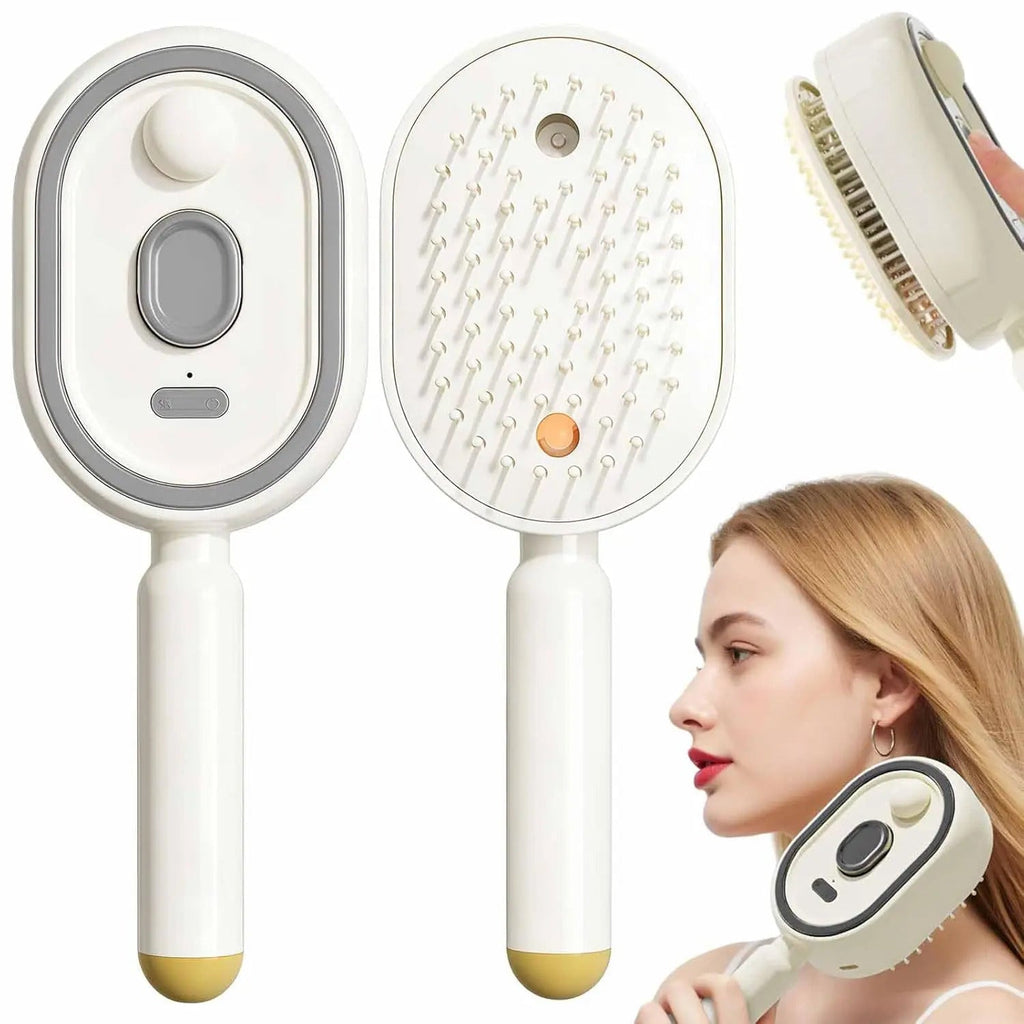 3-in-1 Scalp Spa Comb front and back view with lifestyle scene - scalp spa massager with oil atomization and red light