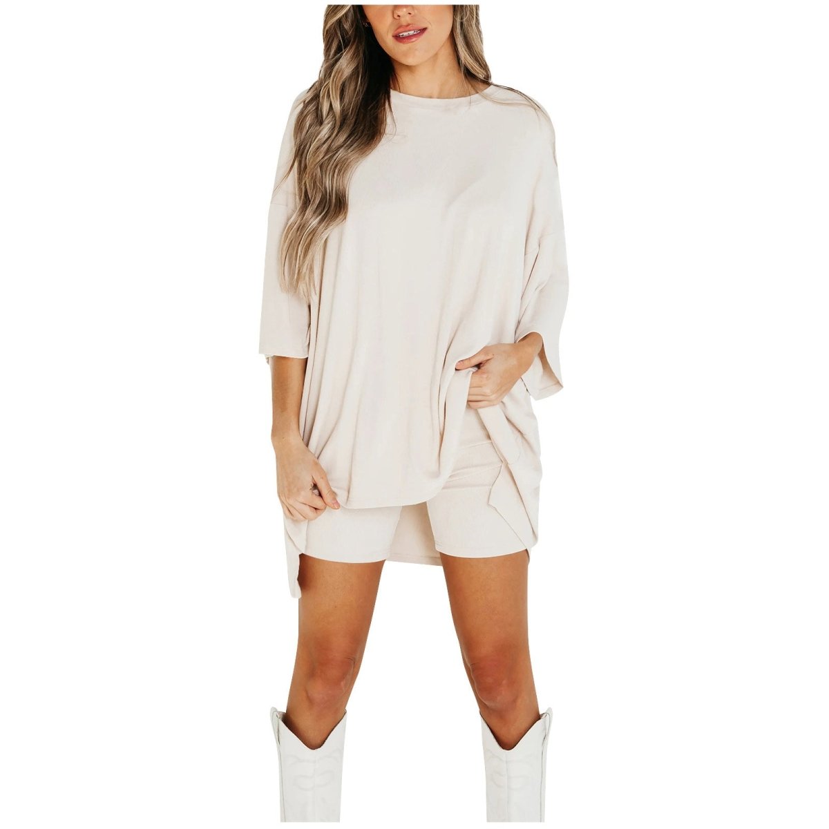 Crewneck Two - Piece Set For Women Summer Casual Oversized Split Hem Shirts & Side Pocket Biker Shorts Minimalist Lounge Wear Soft Viscose Fabric Comfy Homewear Cozy Pjs - LUNA