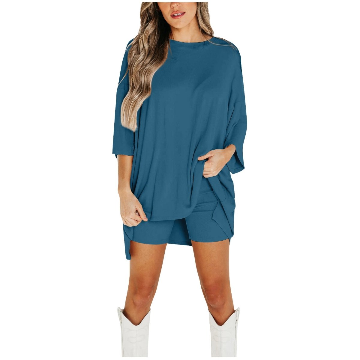Crewneck Two - Piece Set For Women Summer Casual Oversized Split Hem Shirts & Side Pocket Biker Shorts Minimalist Lounge Wear Soft Viscose Fabric Comfy Homewear Cozy Pjs - LUNA