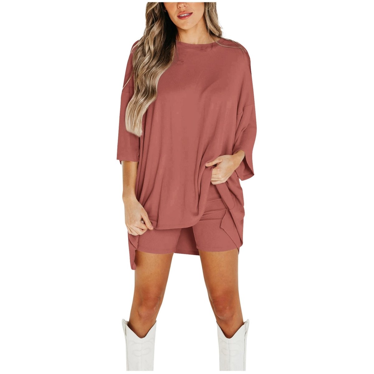 Crewneck Two - Piece Set For Women Summer Casual Oversized Split Hem Shirts & Side Pocket Biker Shorts Minimalist Lounge Wear Soft Viscose Fabric Comfy Homewear Cozy Pjs - LUNA