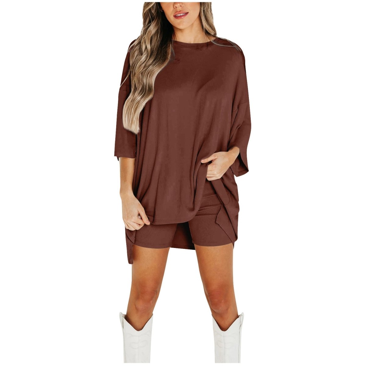 Crewneck Two - Piece Set For Women Summer Casual Oversized Split Hem Shirts & Side Pocket Biker Shorts Minimalist Lounge Wear Soft Viscose Fabric Comfy Homewear Cozy Pjs - LUNA