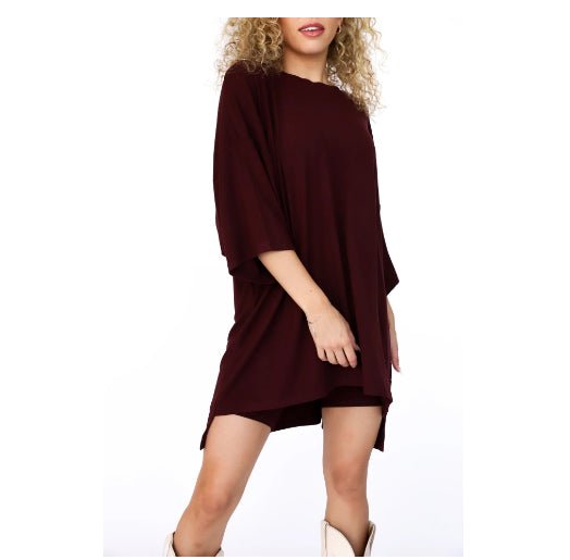 Crewneck Two - Piece Set For Women Summer Casual Oversized Split Hem Shirts & Side Pocket Biker Shorts Minimalist Lounge Wear Soft Viscose Fabric Comfy Homewear Cozy Pjs - LUNA