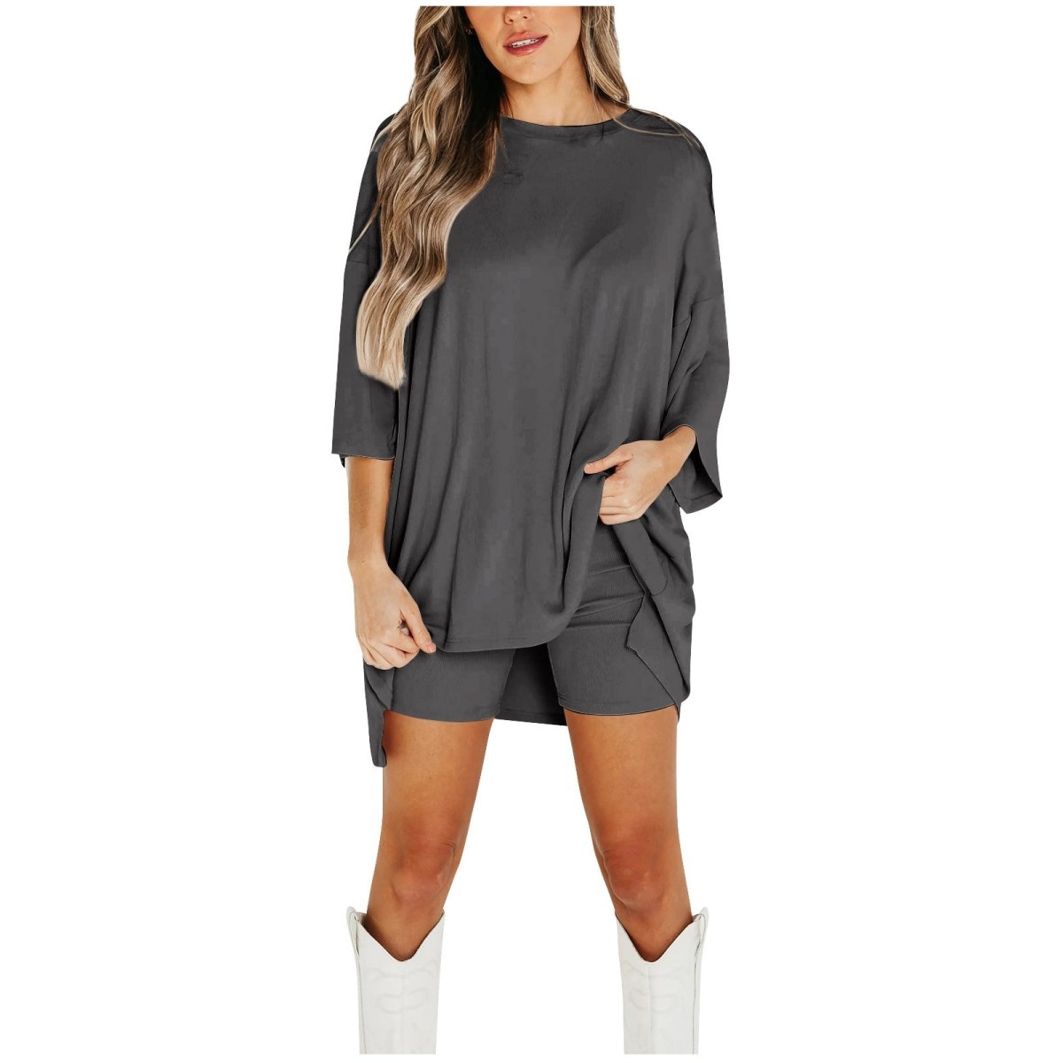 Crewneck Two - Piece Set For Women Summer Casual Oversized Split Hem Shirts & Side Pocket Biker Shorts Minimalist Lounge Wear Soft Viscose Fabric Comfy Homewear Cozy Pjs - LUNA