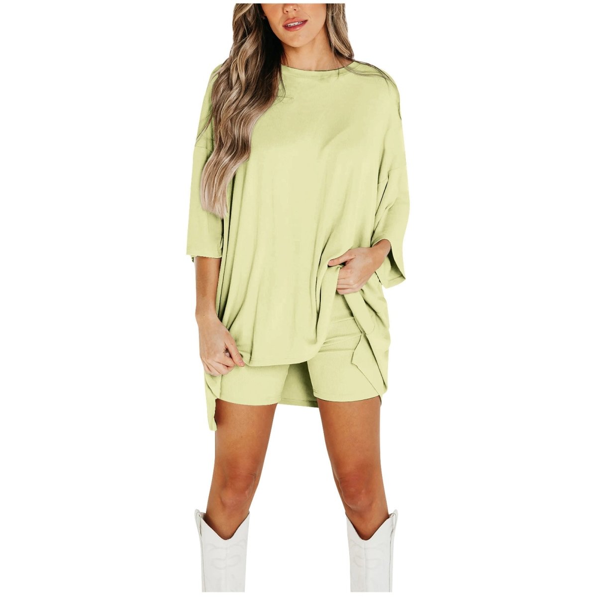 Crewneck Two - Piece Set For Women Summer Casual Oversized Split Hem Shirts & Side Pocket Biker Shorts Minimalist Lounge Wear Soft Viscose Fabric Comfy Homewear Cozy Pjs - LUNA