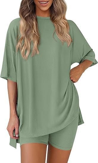 Crewneck Two - Piece Set For Women Summer Casual Oversized Split Hem Shirts & Side Pocket Biker Shorts Minimalist Lounge Wear Soft Viscose Fabric Comfy Homewear Cozy Pjs - LUNA