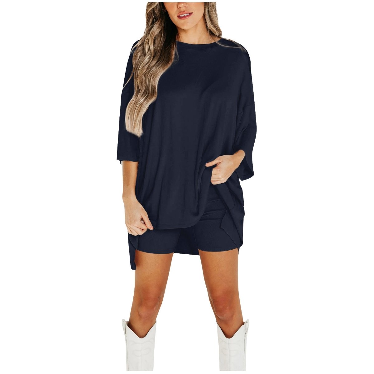 Crewneck Two - Piece Set For Women Summer Casual Oversized Split Hem Shirts & Side Pocket Biker Shorts Minimalist Lounge Wear Soft Viscose Fabric Comfy Homewear Cozy Pjs - LUNA