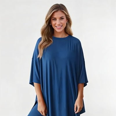 Crewneck Two - Piece Set For Women Summer Casual Oversized Split Hem Shirts & Side Pocket Biker Shorts Minimalist Lounge Wear Soft Viscose Fabric Comfy Homewear Cozy Pjs - LUNA