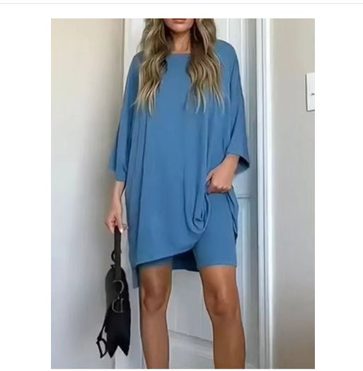 Crewneck Two - Piece Set For Women Summer Casual Oversized Split Hem Shirts & Side Pocket Biker Shorts Minimalist Lounge Wear Soft Viscose Fabric Comfy Homewear Cozy Pjs - LUNA
